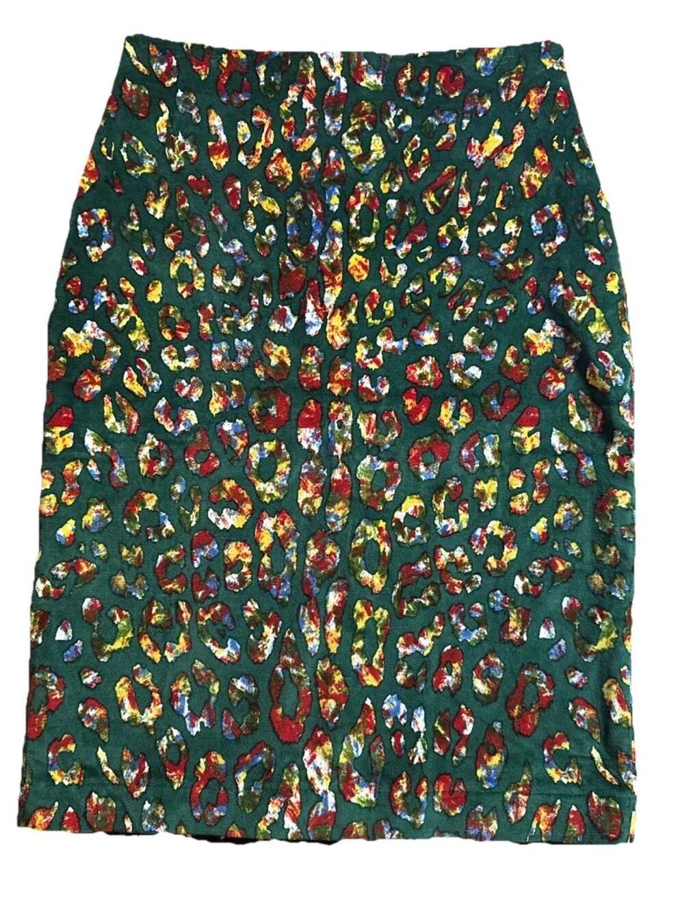Samantha Sung Cheetah Print Wool Silk Blend Pencil Midi Skirt Womens 8 Green